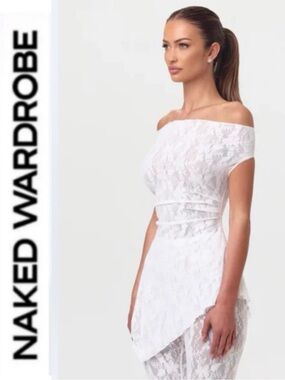 Naked Wardrobe 🤍 White Off-Shoulder Lace peplum off the shoulder top